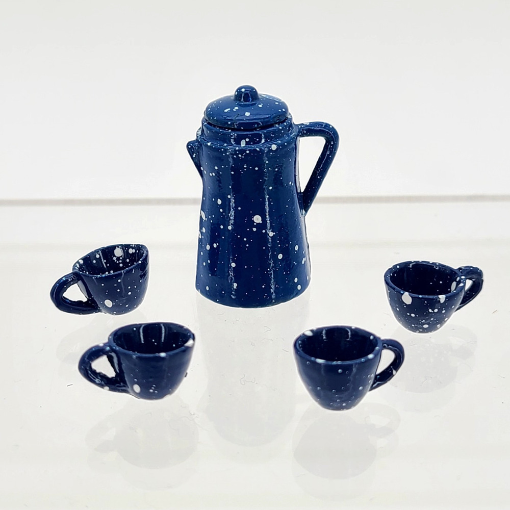 Vintage Dollhouse Miniature Blue White Speckled Enamel Metal Coffee Pot, 4 Cups